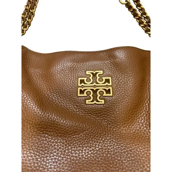 Tory Burch Britten Brown Pebbled Leather Chain Strap Tote Bag - Picture 2 of 7